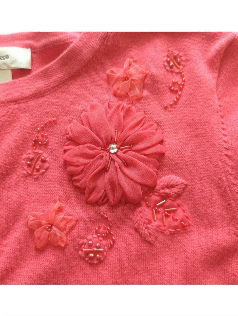 CJ Banks Orange Cardigan Sweater Elbow Sleeve Floral Beaded Embellishment Sze X